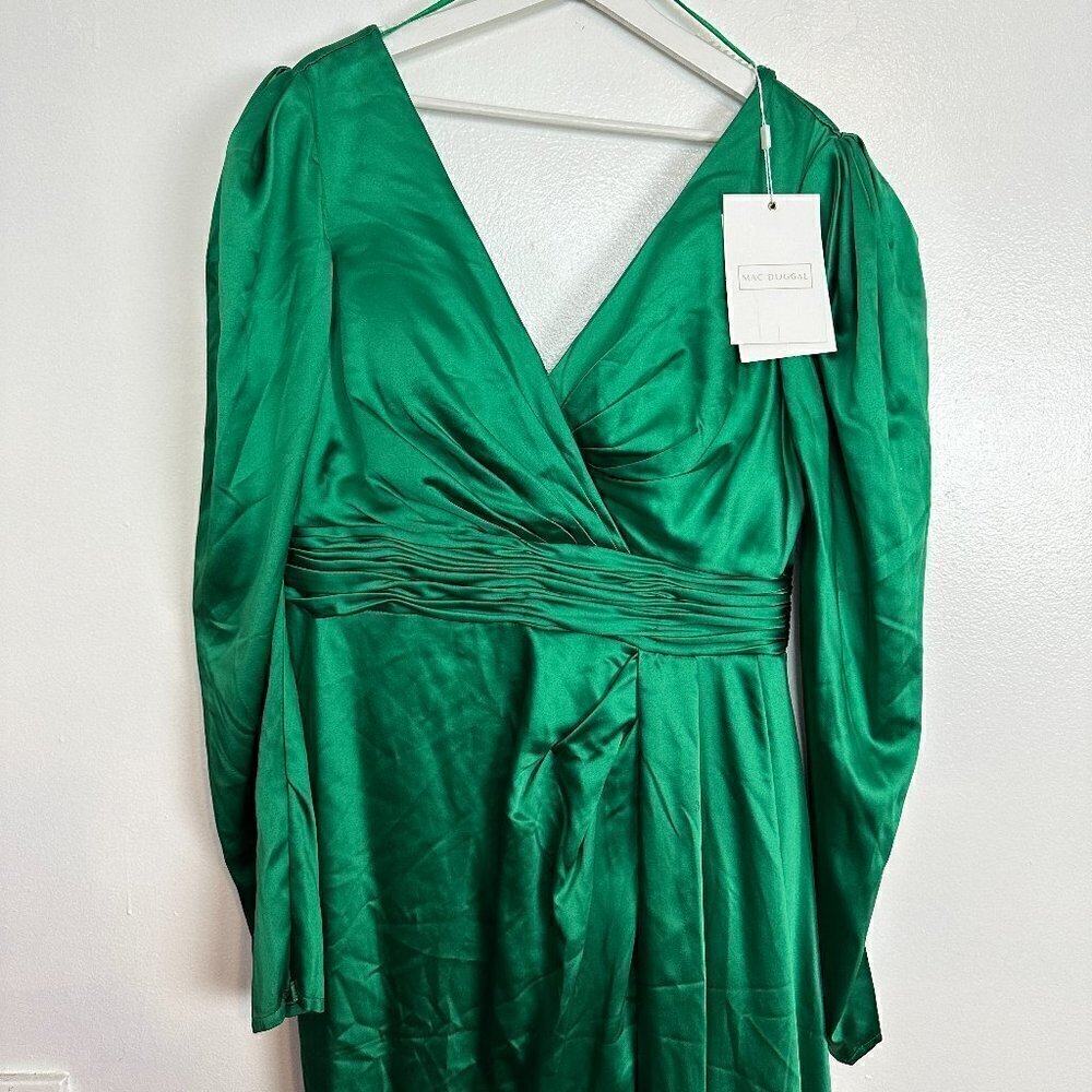 MAC DUGGAL Puff Sleeve Satin Faux Wrap Gown in Emerald Green Size US 14 NWT - Picture 4 of 12